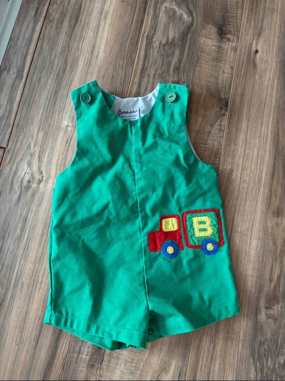Vintage Green Kids One-Piece with Colorful Truck Appliqué